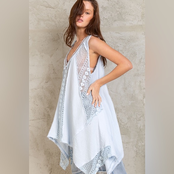 POL Bohemian Sky Blue Crochet Lace Tunic Top - Picture 3 of 4